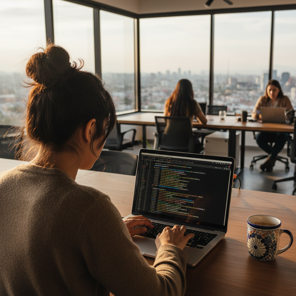 Estación de trabajo con código y visualizaciones de IA en múltiples monitores